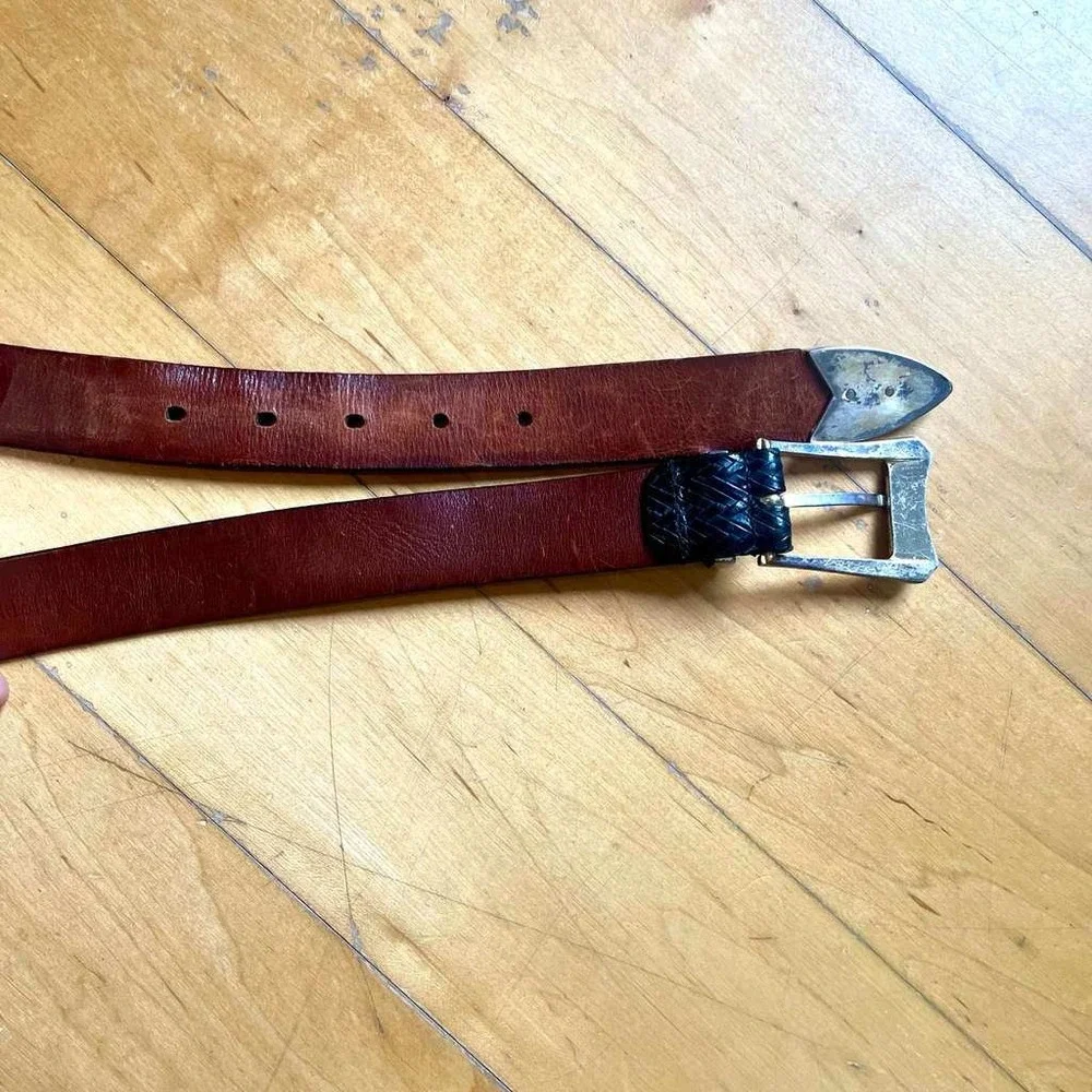 Vintage‎ Johnston & Murphy Woven Leather Belt Italian Calfskin Metal Tip Western